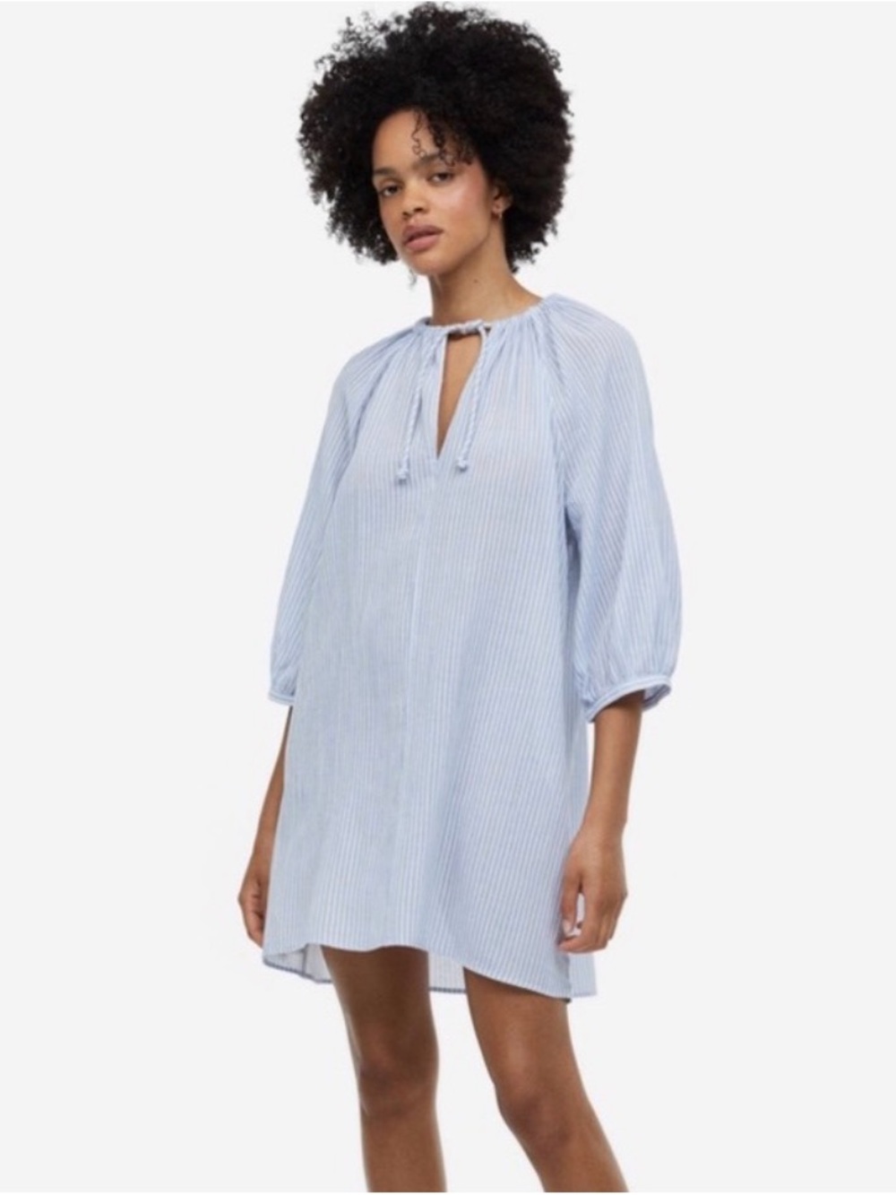H&M Cotton Linen Blue & White Striped Tie-Neck Mini Dress